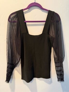 Mango Square Neck Chiffon/Mesh Sleeve Blouse (Size M)